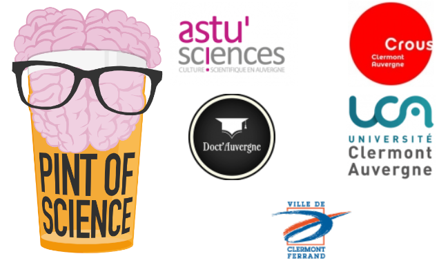 Les logos de Pint of Science, et des partenaires de l'événement clermontois: Astu'sciences, le CROUS, Doct'Auvergne, l'UCA, et la ville de Clermont-Ferrand.
