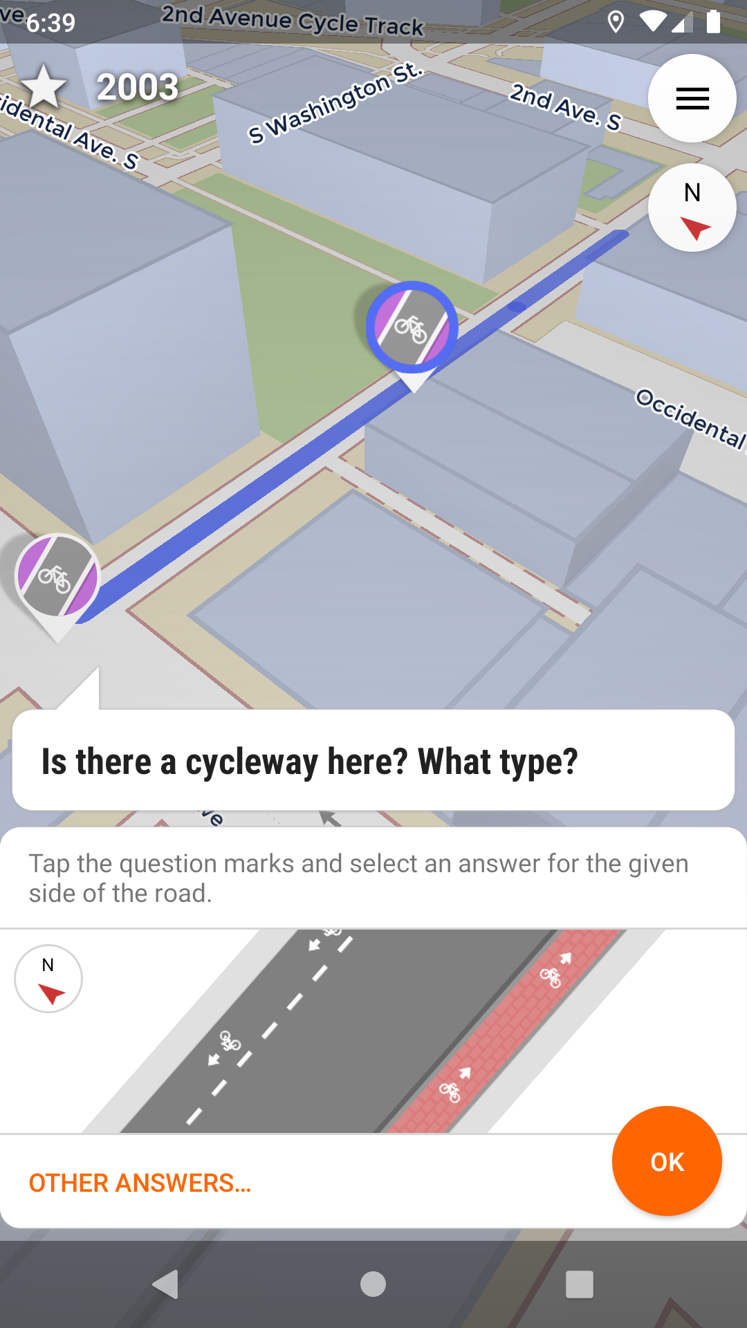 StreetComplete propose d'indiquer la présence et le type d'une infrastructure cyclable. Une interface dédiée permet de sélectionner de quel côté de la route les bandes cyclables sont présentes.