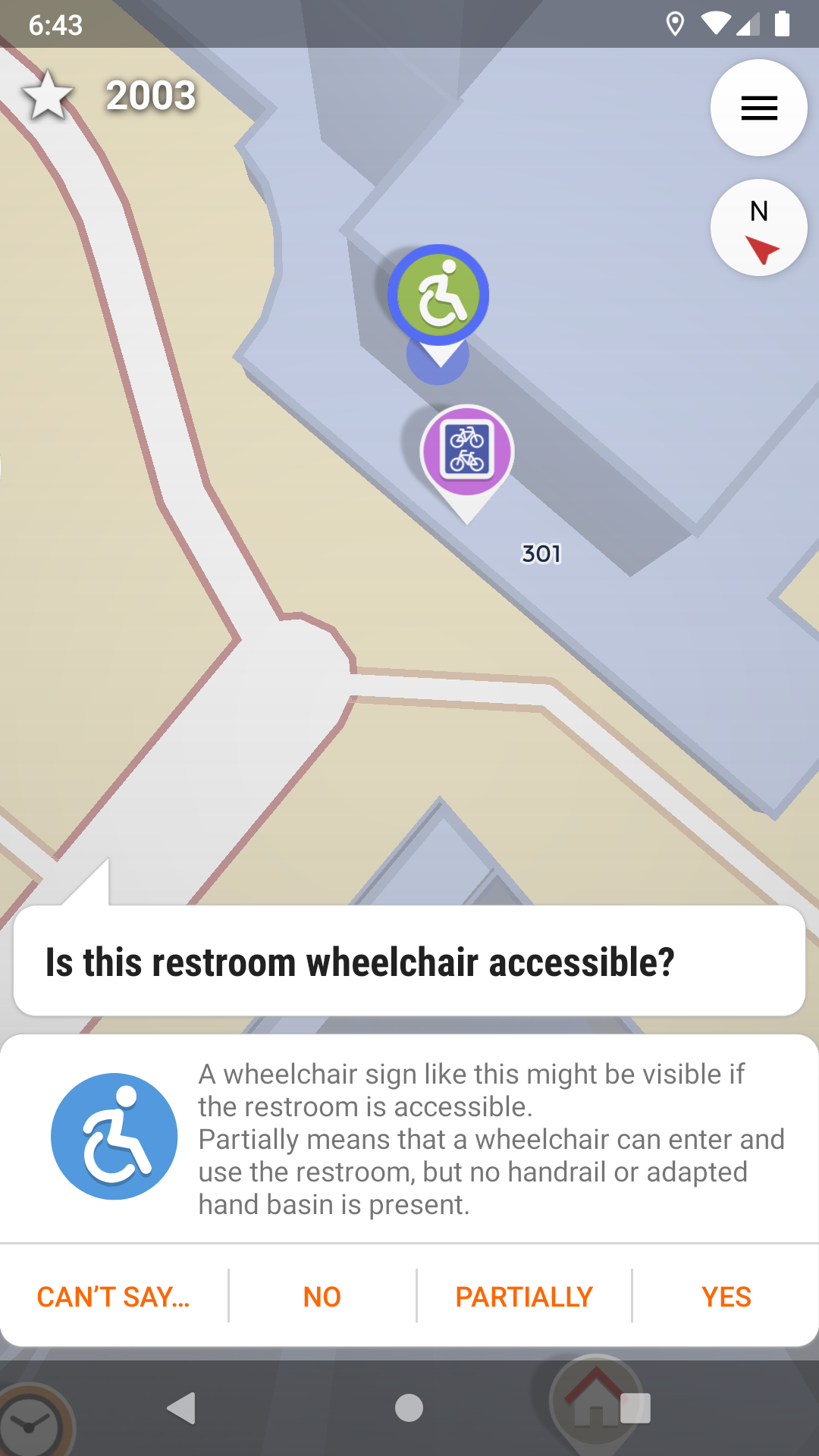 StreetComplete propose à l'utilisateur d'indiquer si des toilettes publiques sont accessibles en fauteuil roulant. Quatre choix simples sont proposés : ne sait pas, non, partiellement, oui