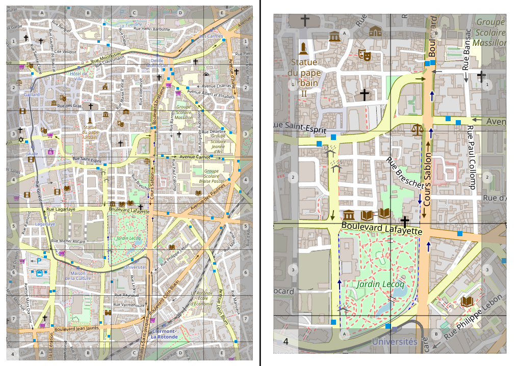 Deux cartes issues de MapOSMatic, à gauche en A4, à droite en A6 redimensionné